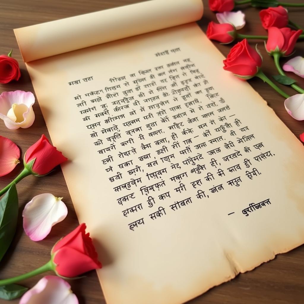 A handwritten love letter in Hindi adorned with flowers, symbolizing the heartfelt and traditional expression of love.