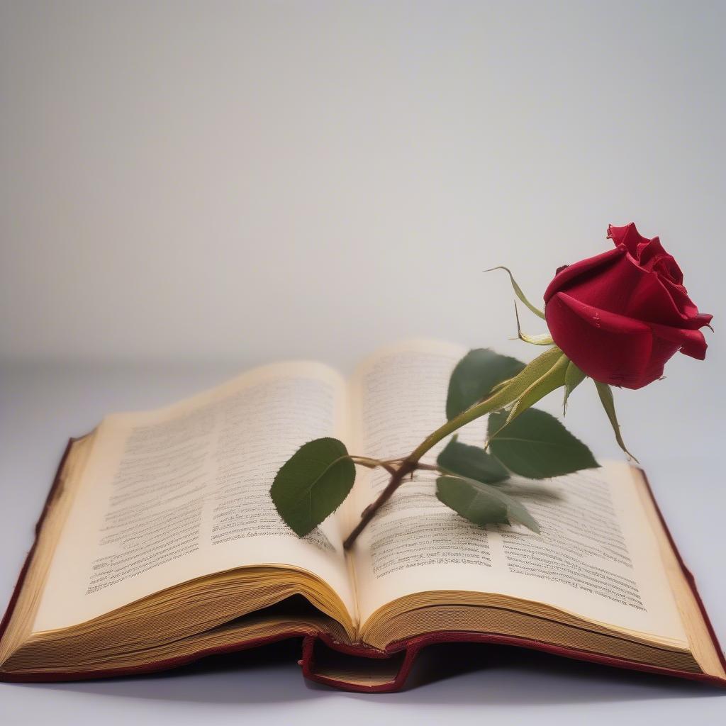 Open book with Hindi script and a wilted rose