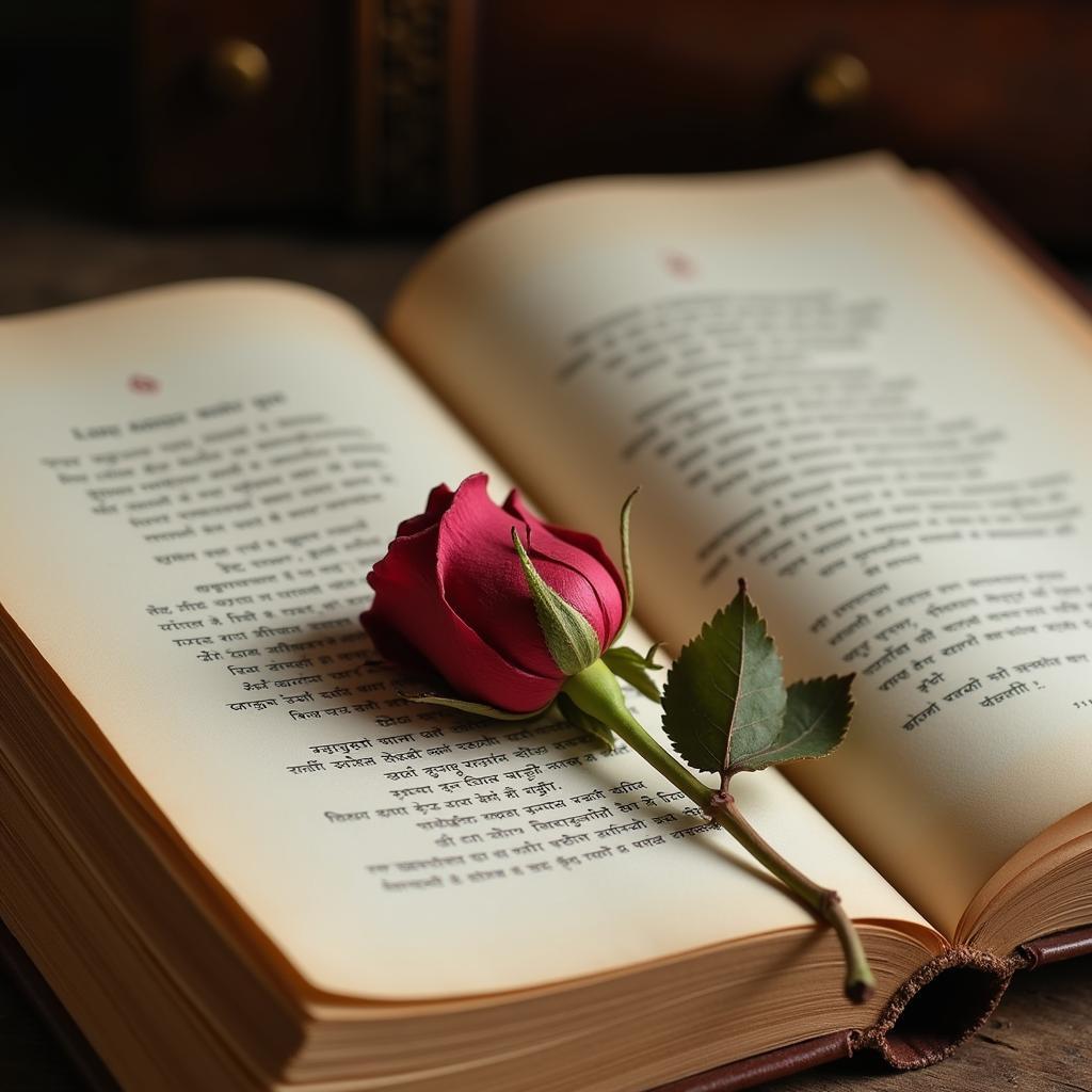 Open book of Hindi poetry with a dried rose pressed between the pages