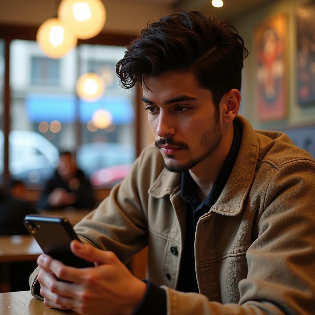 A young man composing hindi shayari on his phone