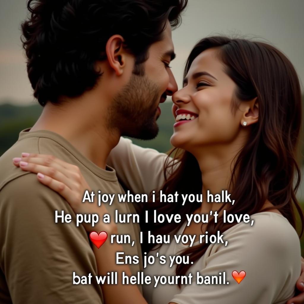 A romantic couple embracing while Hindi song lyrics are displayed in the background, symbolizing the emotional power of lyrics in expressing love.