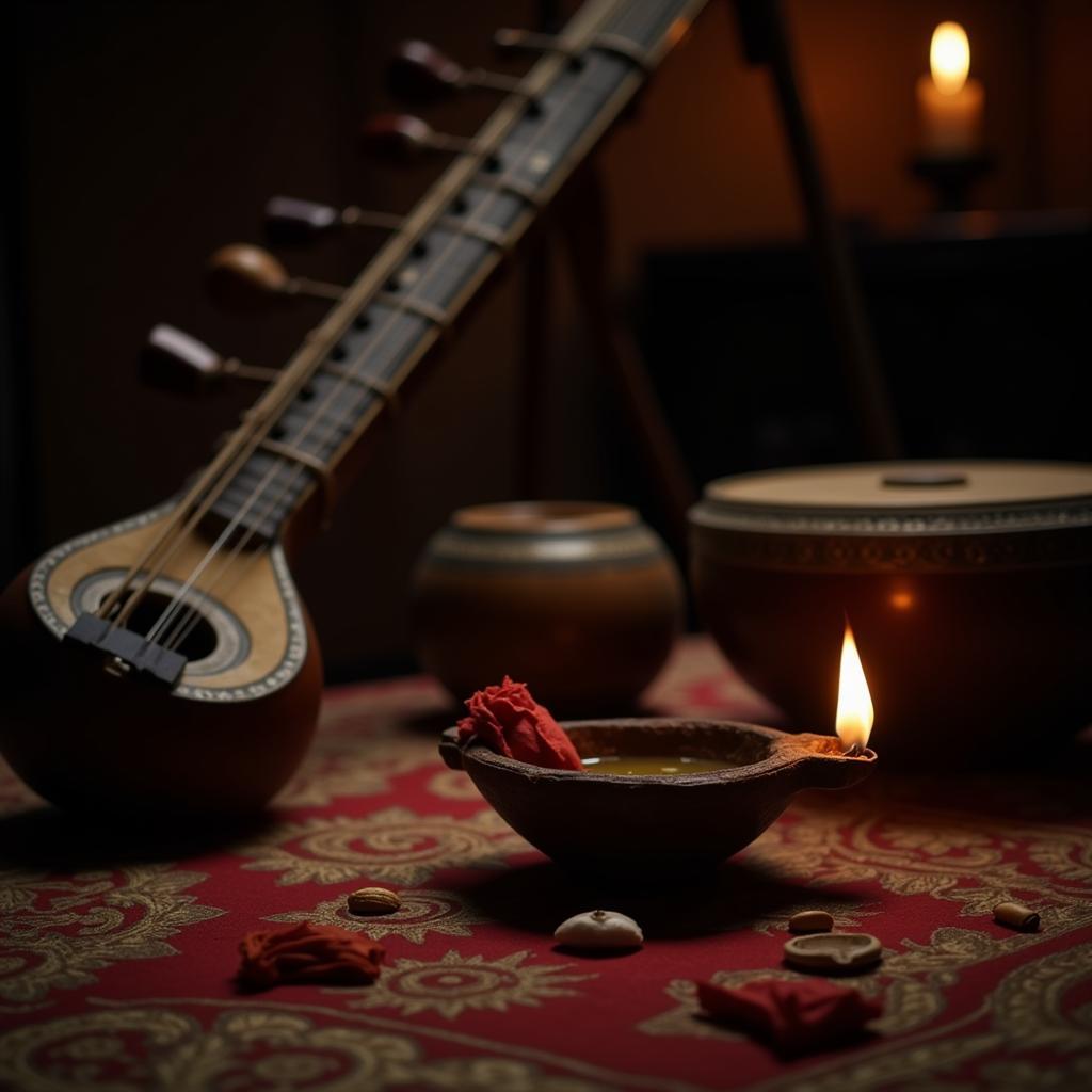 Hindi Song Lyrics Sambhala Hai Maine: Depiction of the cultural context of love, loss, and longing in Hindi music, featuring traditional Indian instruments and imagery.