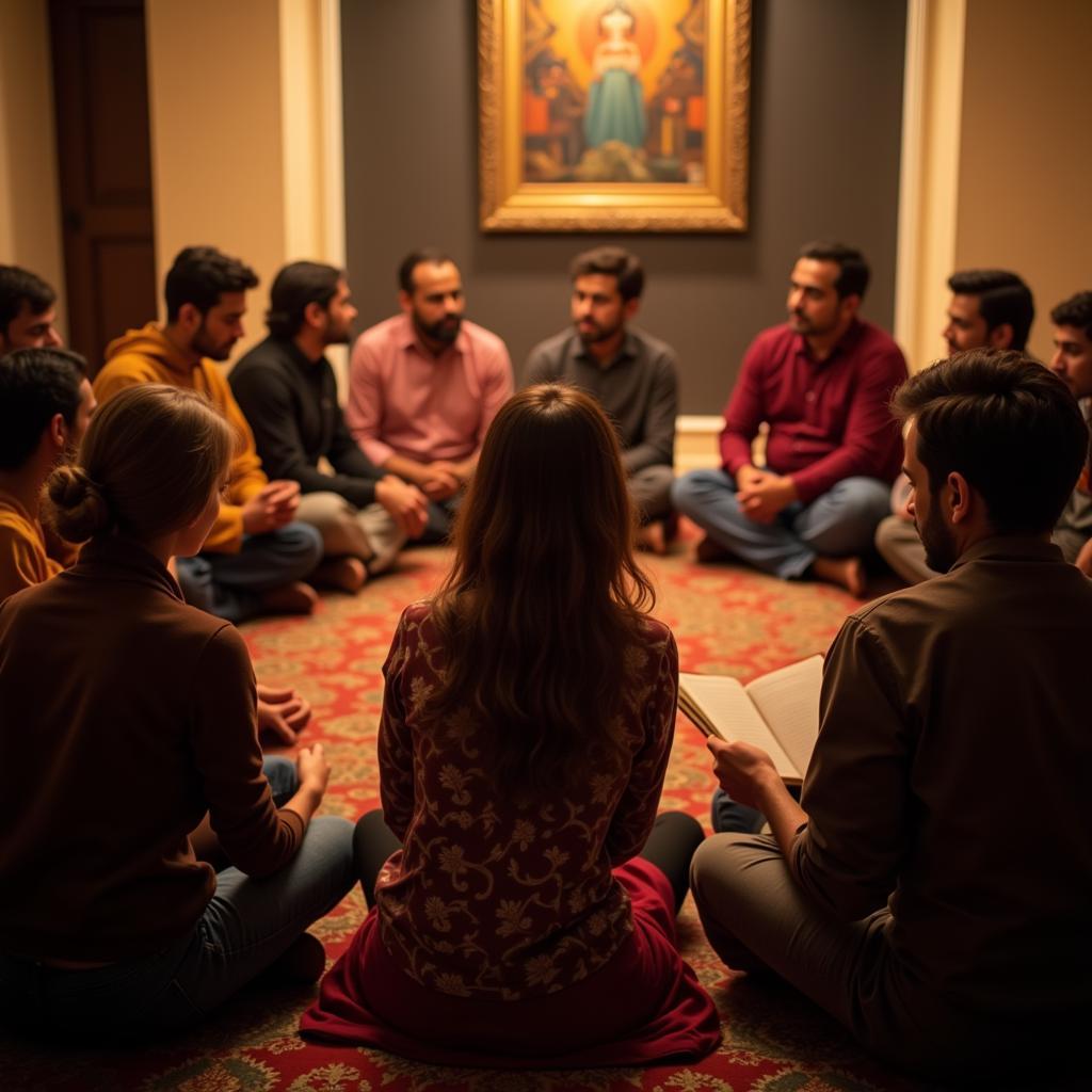 A group of people engaged in a poetry reading, demonstrating the shared experience and emotional connection fostered by shayari