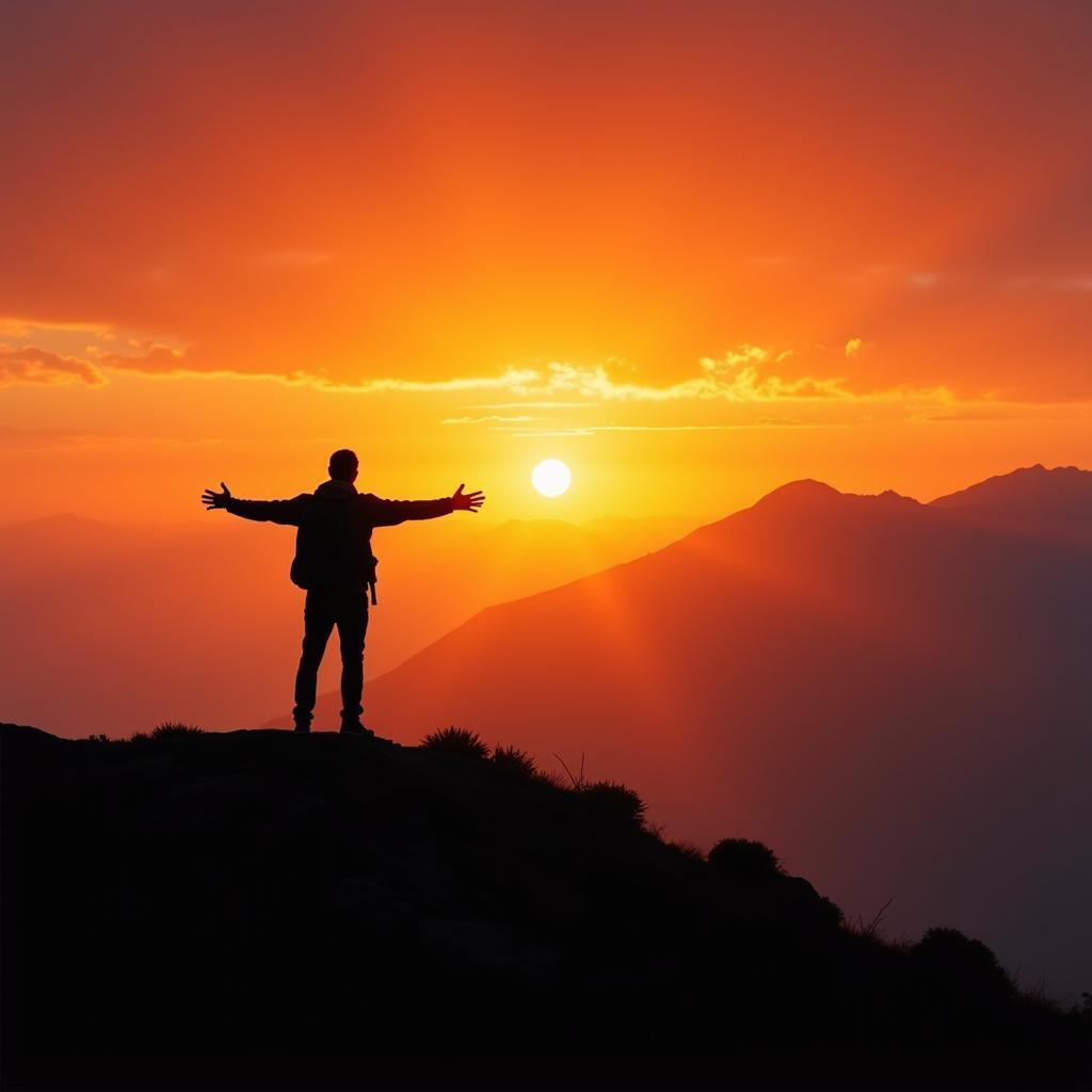 A lone hiker silhouetted against a vibrant sunrise at the peak of a mountain, representing the achievement of one's manzil.