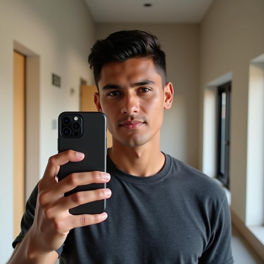 Young Man Taking a Selfie with a Confident Hindi Caption