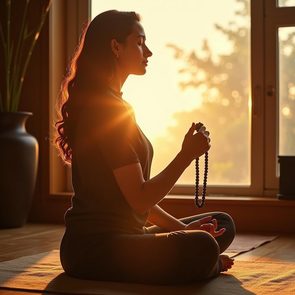 Person meditating with mala beads.