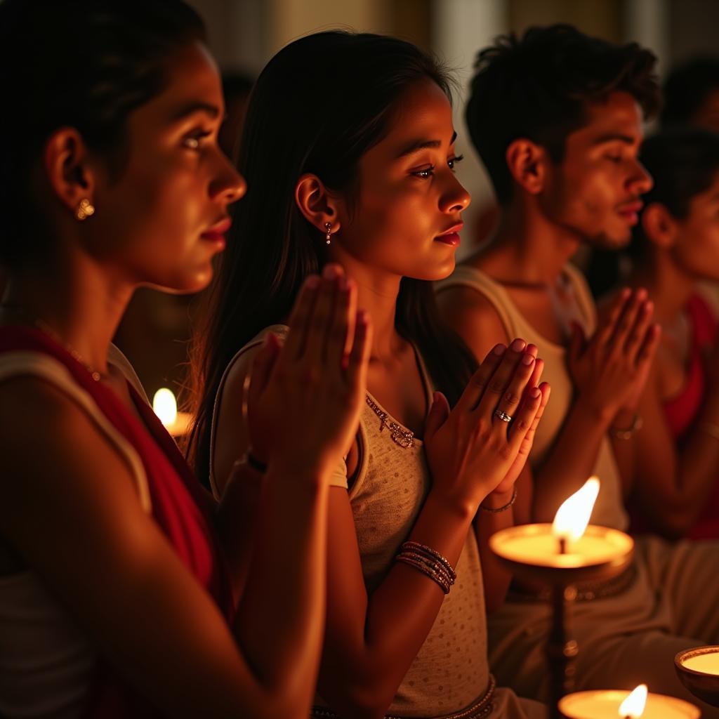 Devotees chanting Jai Shree Krishna with folded hands.