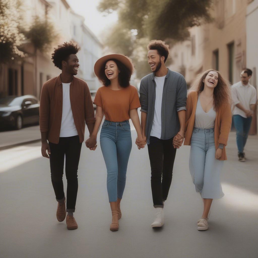 Couple holding hands while walking with friends, symbolizing a balanced relationship