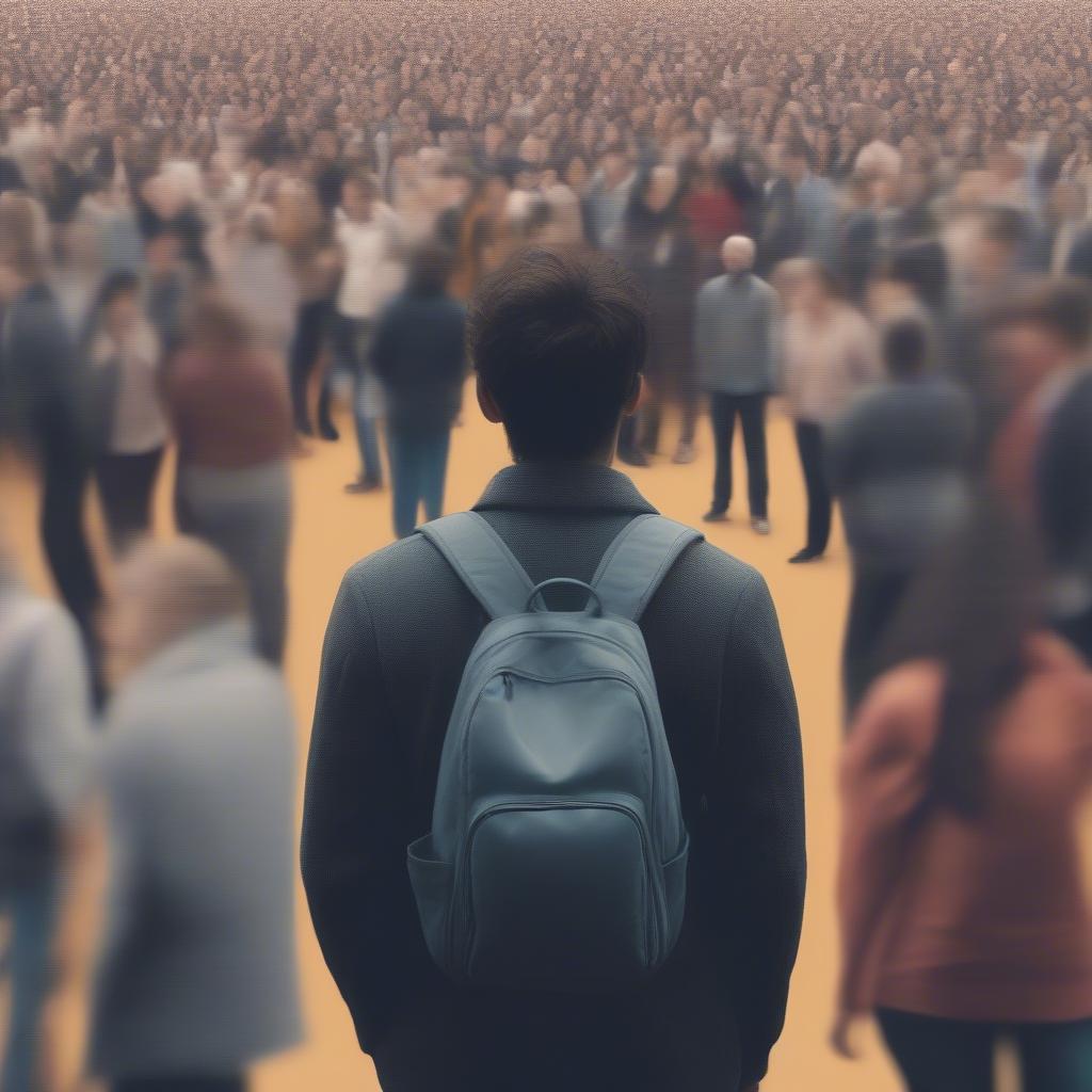 Person standing alone amidst a crowd, representing social isolation