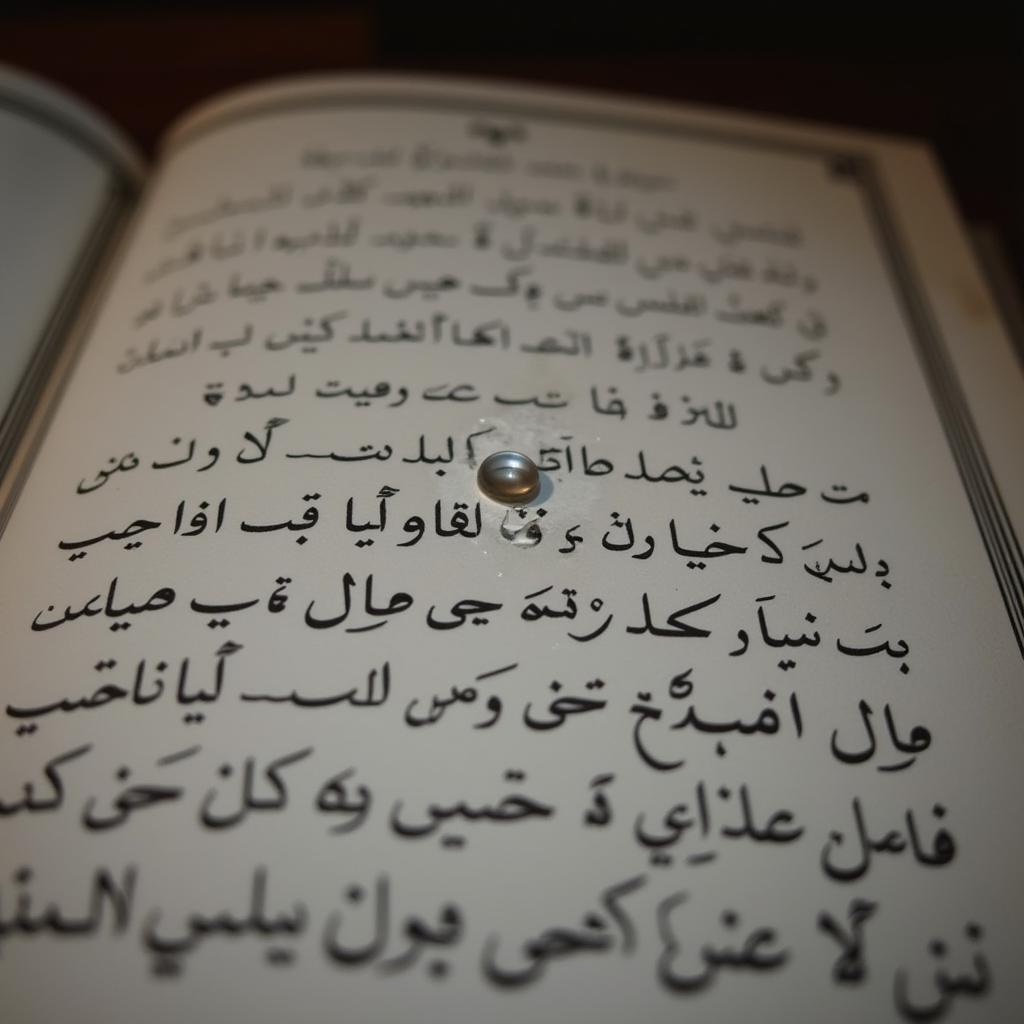 A close-up of a tear falling onto a page filled with Urdu script, highlighting the emotional impact of the poetry.