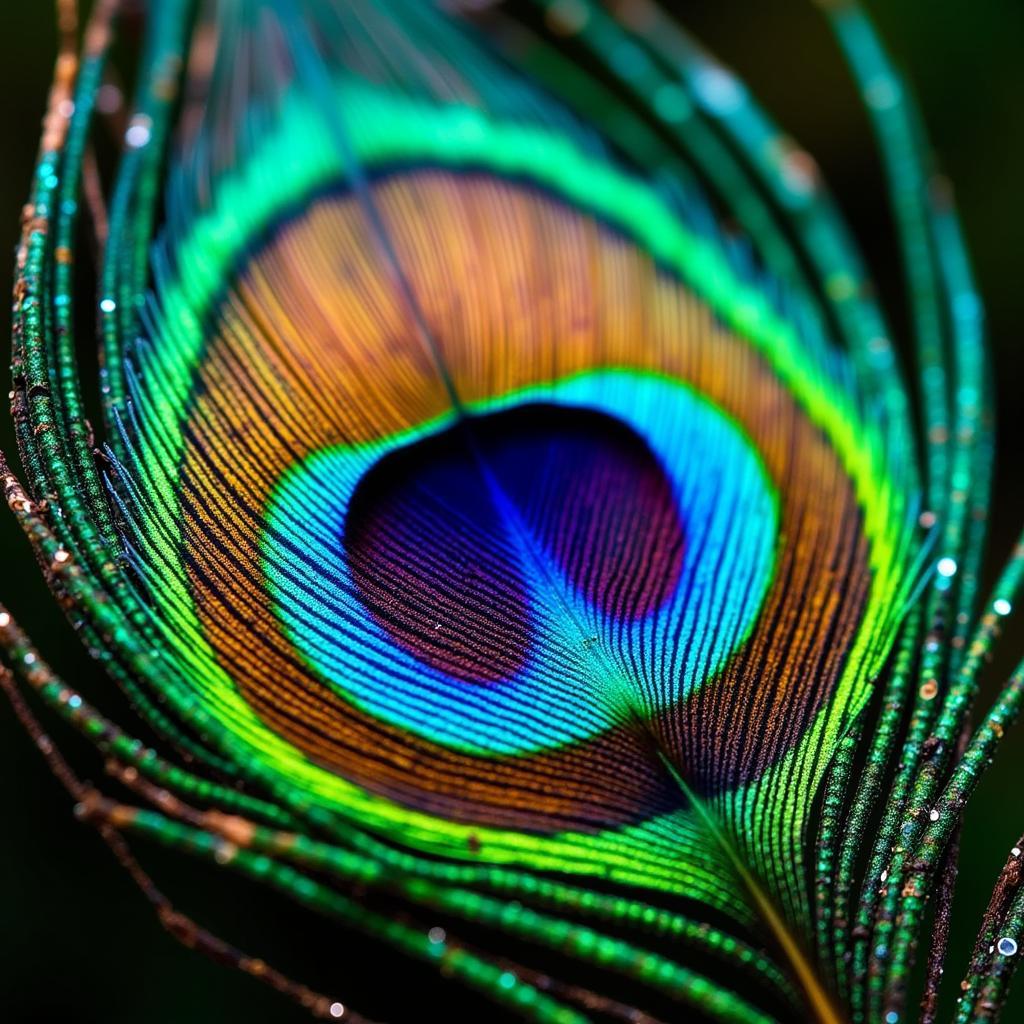 The Symbolism of the Peacock Feather: A close-up of a peacock feather, highlighting its vibrant colours and intricate details, representing Krishna's divine beauty and the playful nature of love.