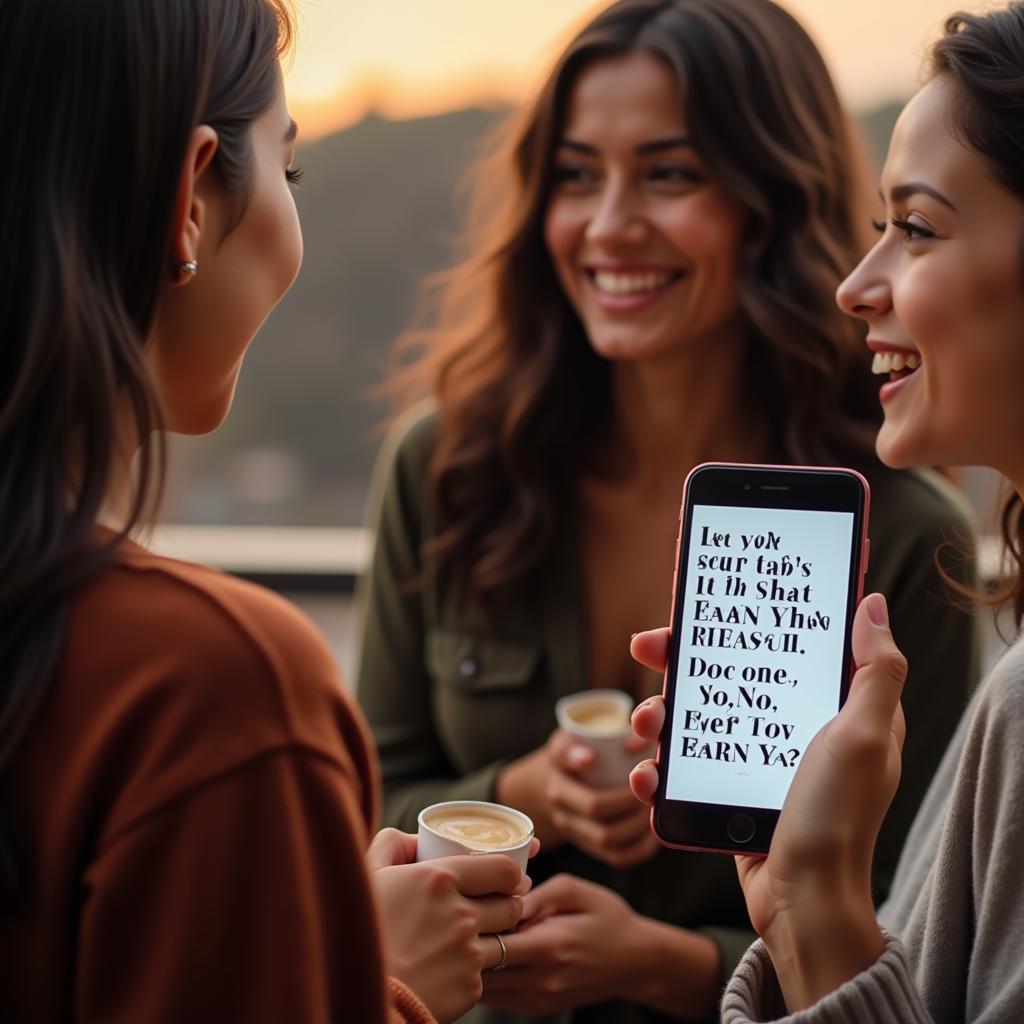 Group of friends laughing together, sharing a phone displaying a khush rehna quote.