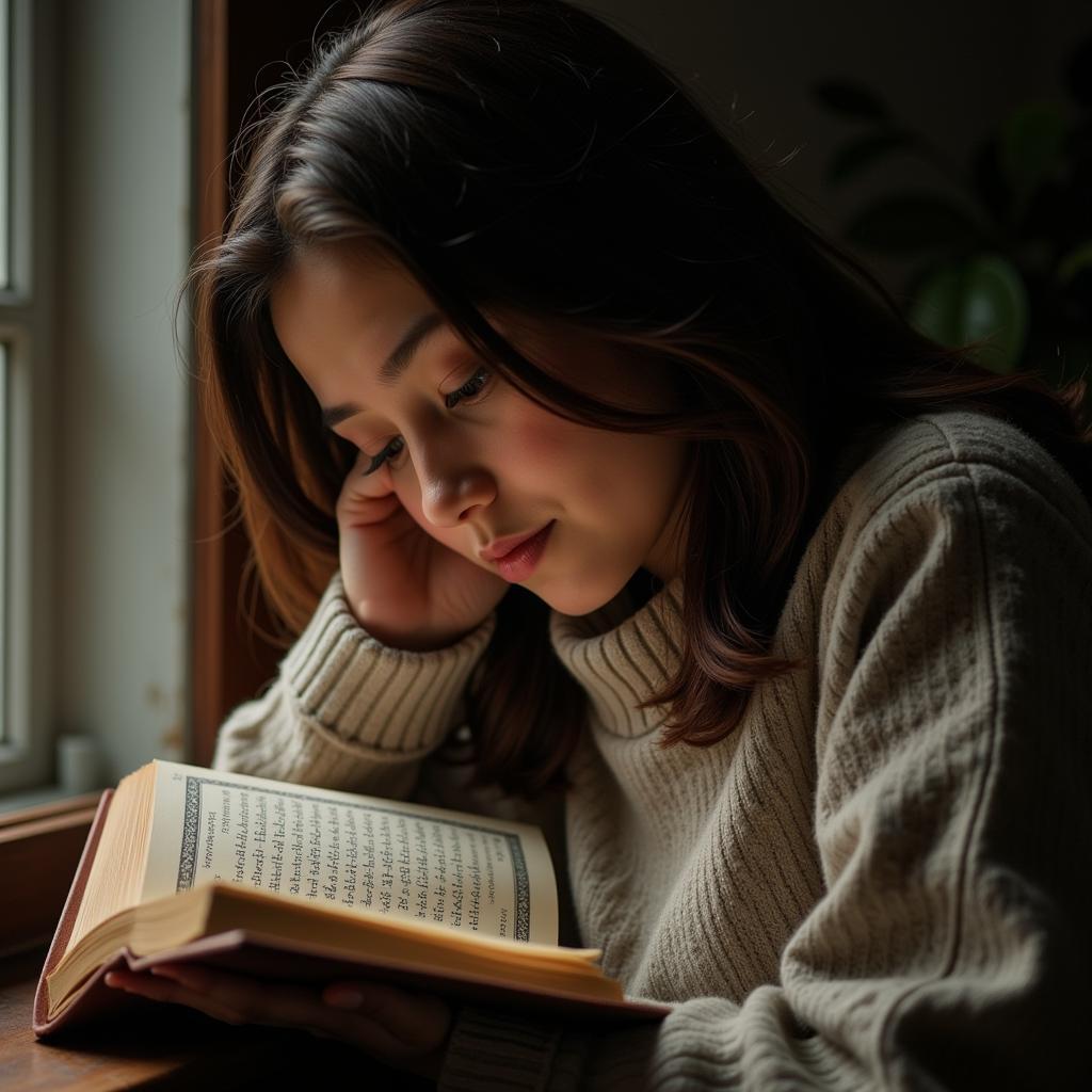 Kirdar Shayari and Self-Reflection in Urdu: An image showcasing a person reading a book of Urdu poetry, reflecting on the meaning of kirdar, with a contemplative expression.