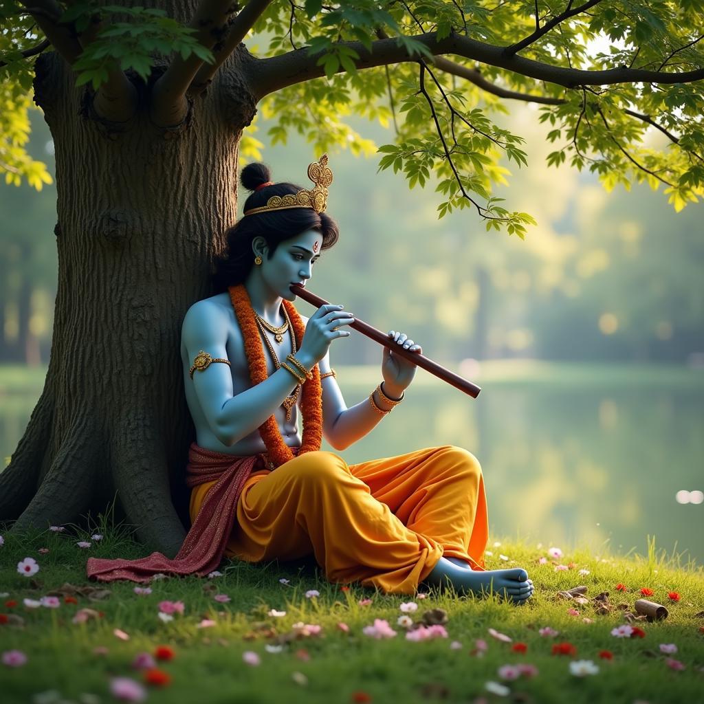 Krishna playing his flute in a meditative setting