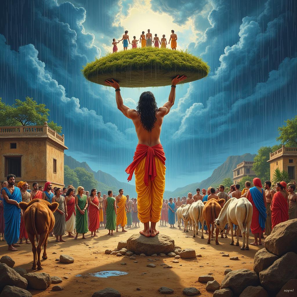 A vibrant painting of Krishna lifting Govardhan Hill