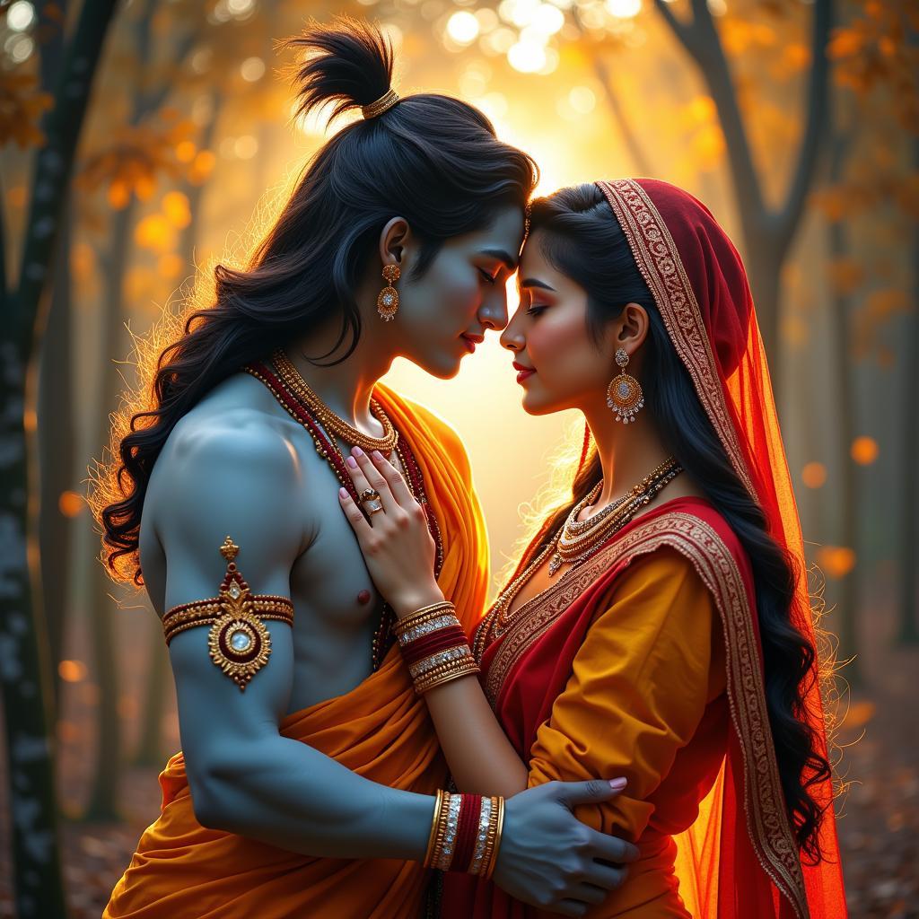 Krishna and Radha Embracing Love