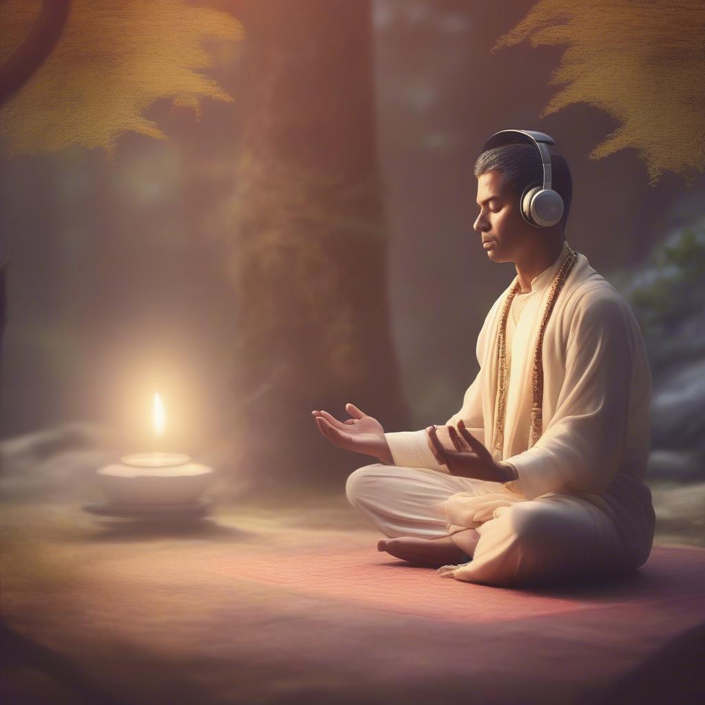 Person Meditating with Krishna Bhajan Playing