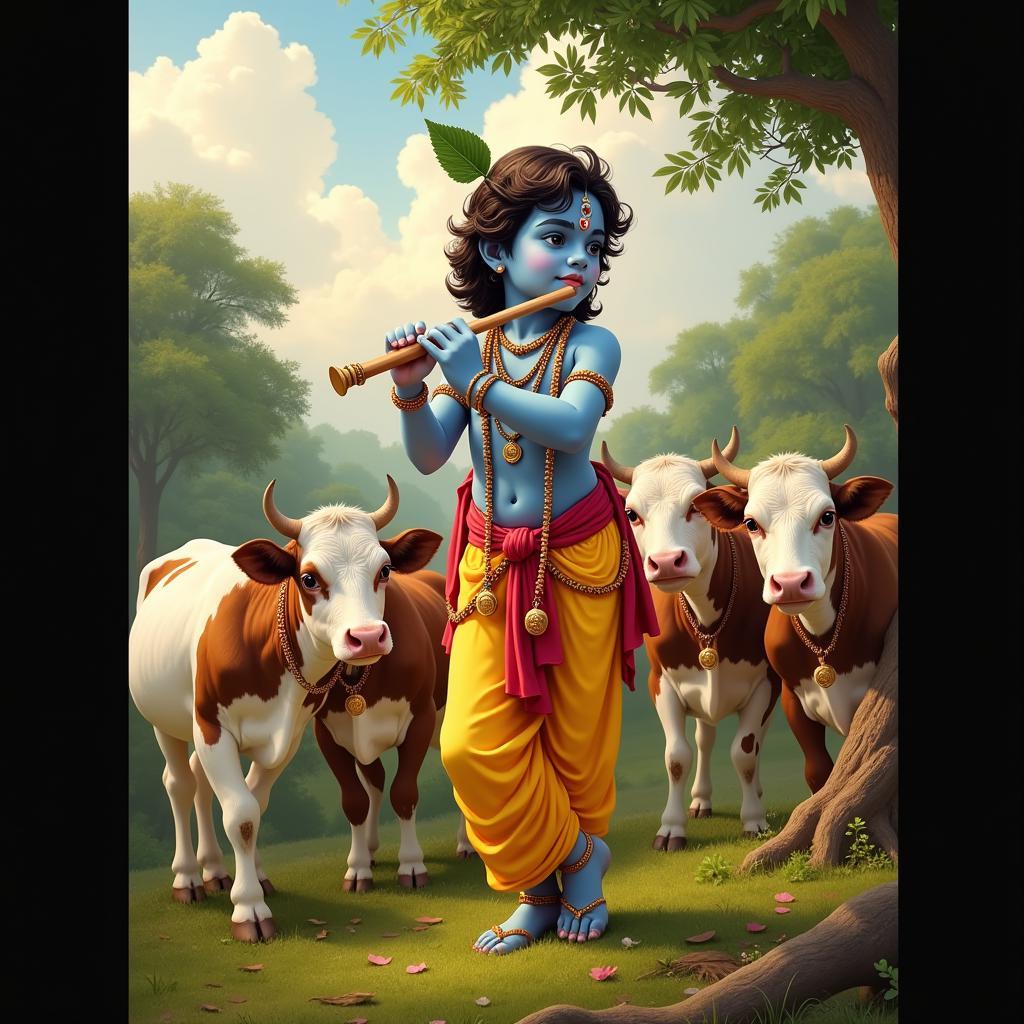 Little Krishna Playing Flute Amongst Cows