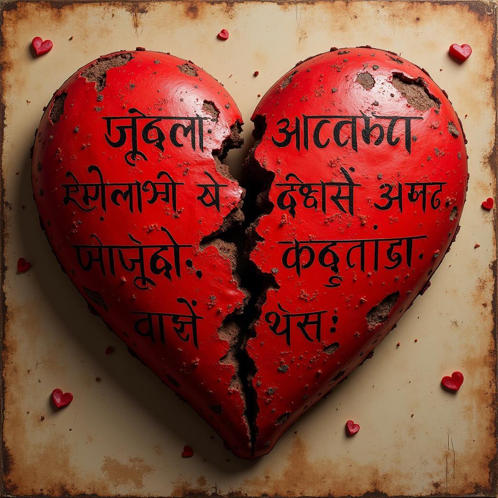 Heartbreak depicted through a shattered heart with love dhoka shayari written on it