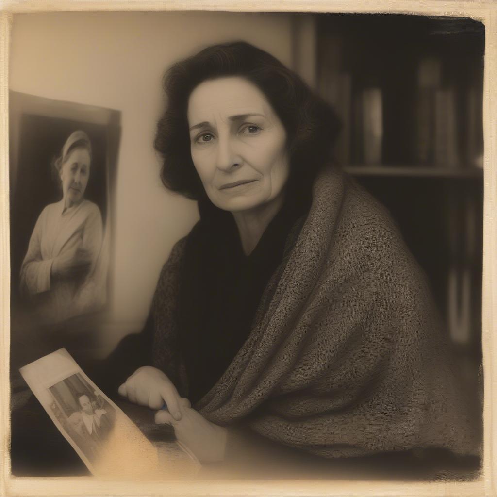 A woman grieving the loss of her mother, holding a photo and surrounded by comforting memories.