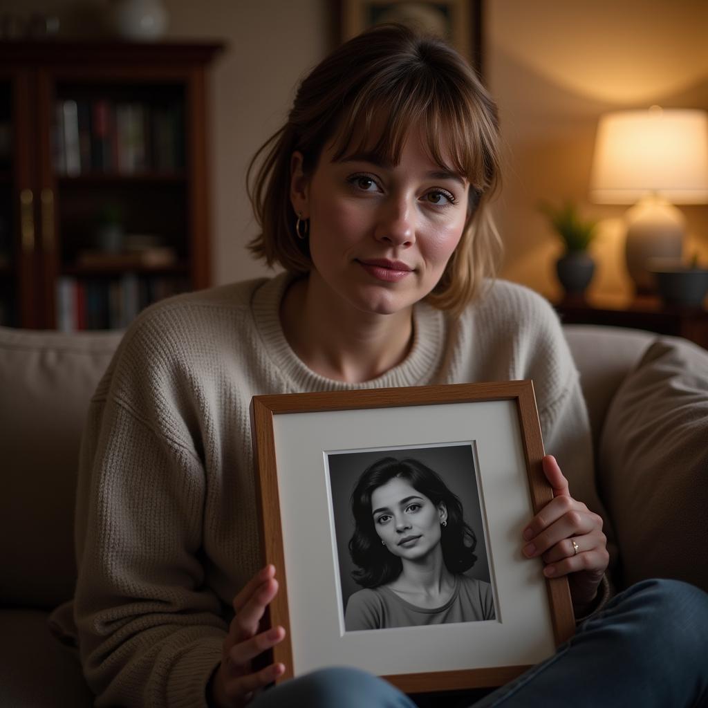 A woman looking at a framed photo of her mother with a gentle smile.