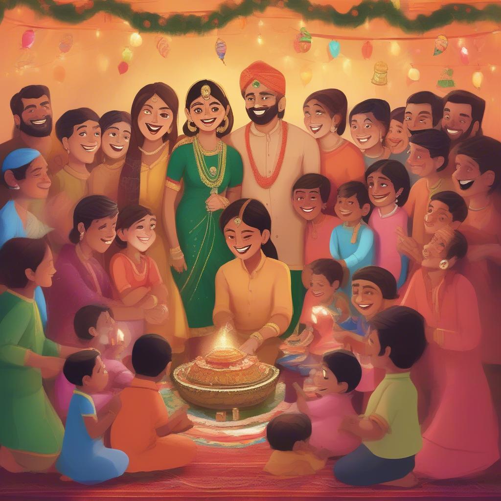 Mama Bhanja Celebration: A vibrant illustration showing a mama and bhanja celebrating a festival together, surrounded by family and friends, emphasizing the importance of family gatherings in Indian culture.