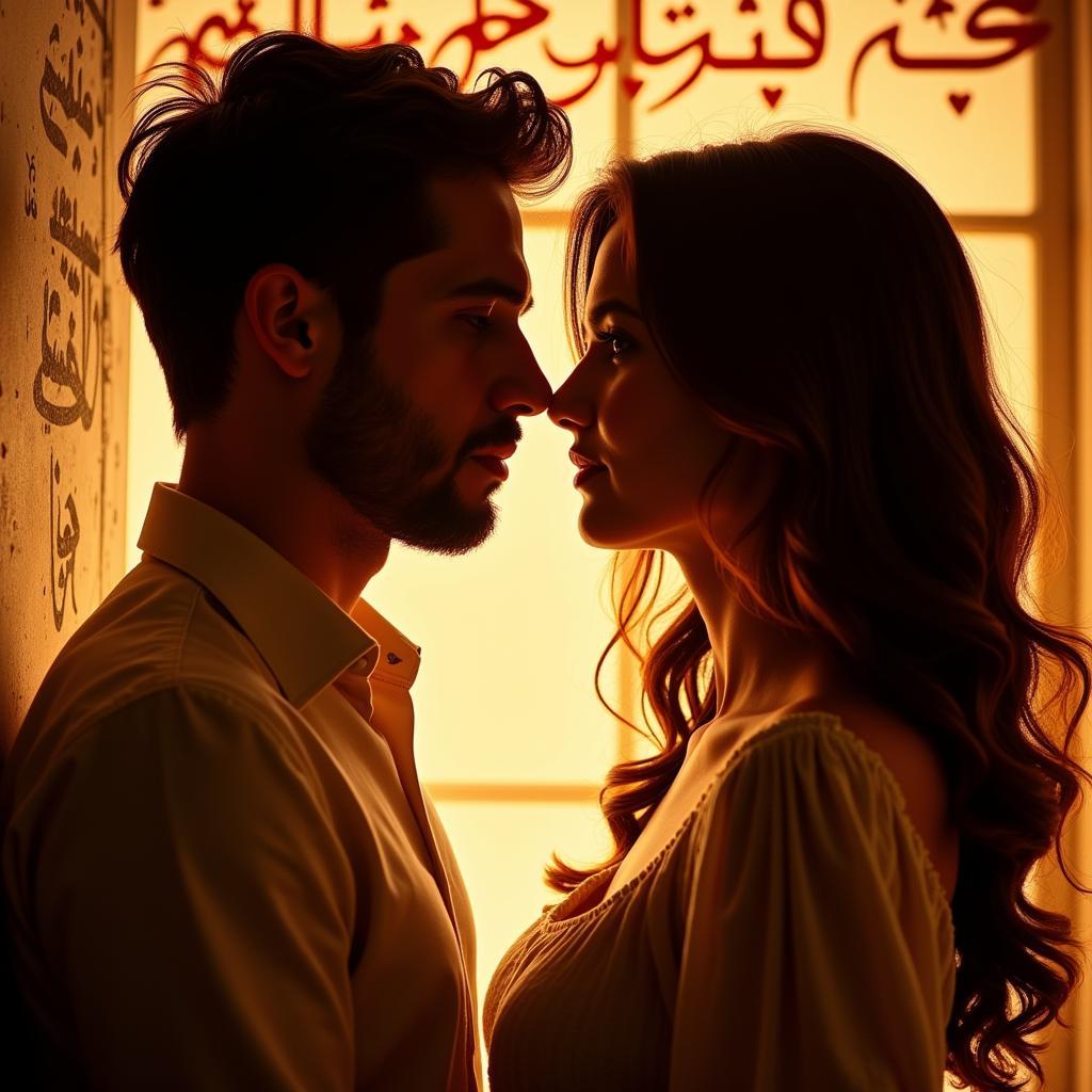 A romantic couple gazing into each other's eyes, surrounded by soft lighting and a backdrop of Urdu calligraphy.