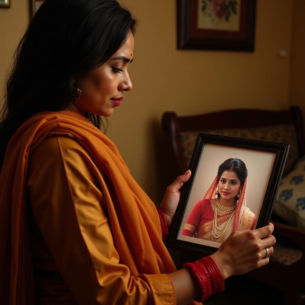 A woman looking wistfully at a photo of her mother, symbolizing the feeling of missing her in Hindi culture.