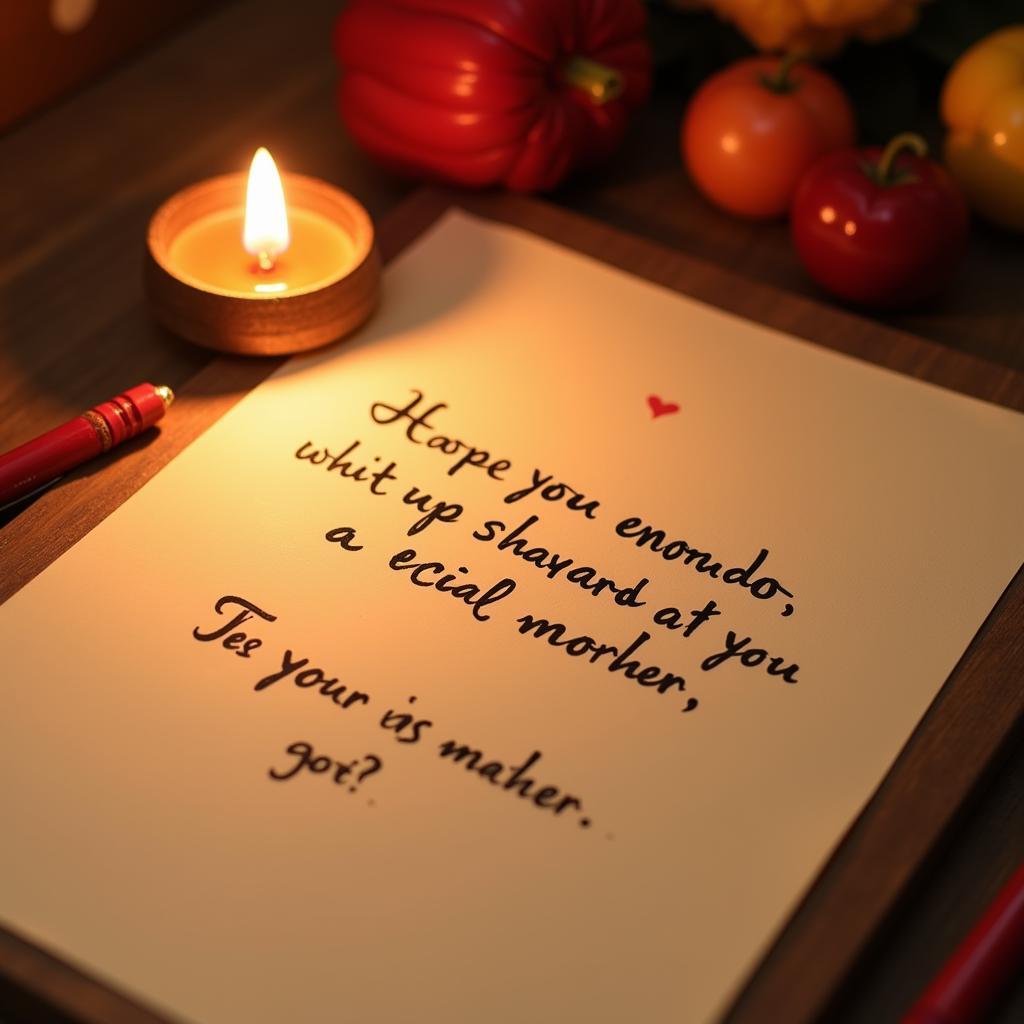 Image of a handwritten two-line shayari in Hindi about missing one's mother, placed on a table next to a single lit candle. 