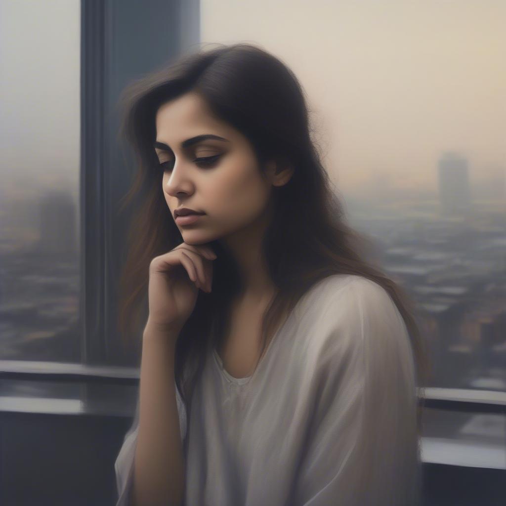 A girl looking away, her expression reflecting sadness and contemplation. The background is a blurred cityscape.