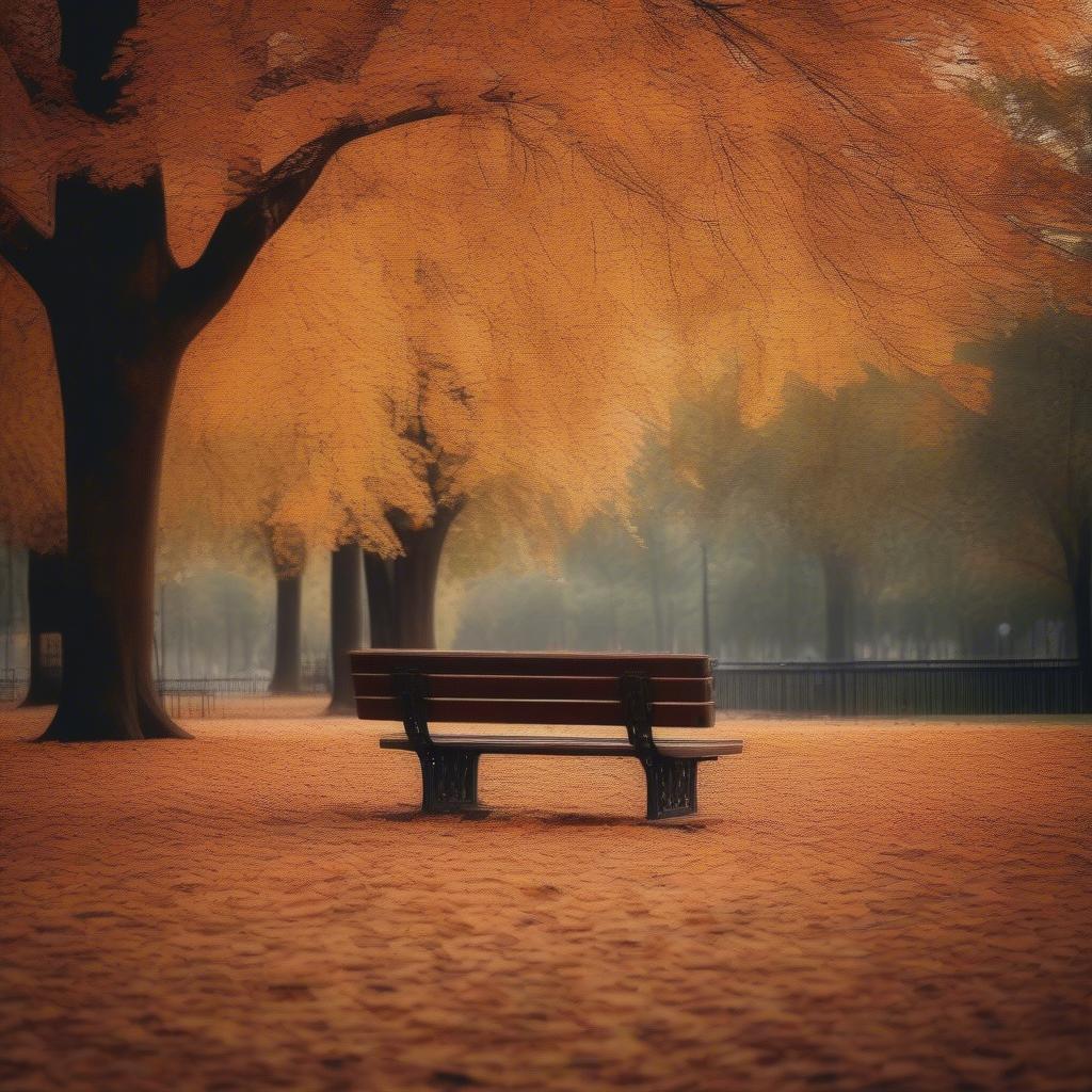 An empty bench in a deserted park, surrounded by fallen leaves.