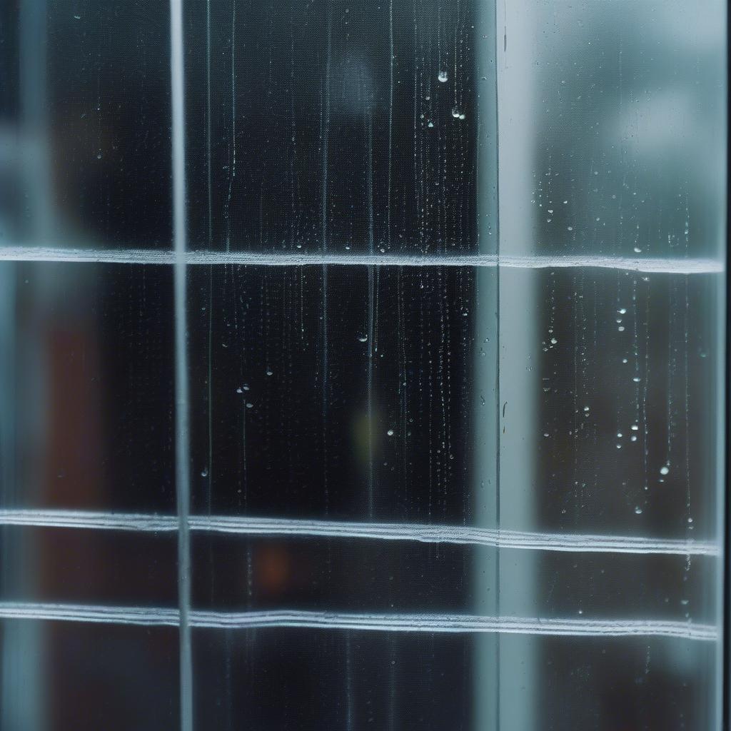 Raindrops on a windowpane, blurring the view of the outside world.