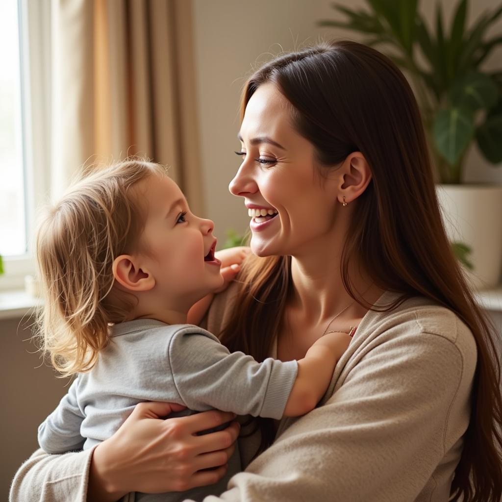 A mother and child embrace warmly