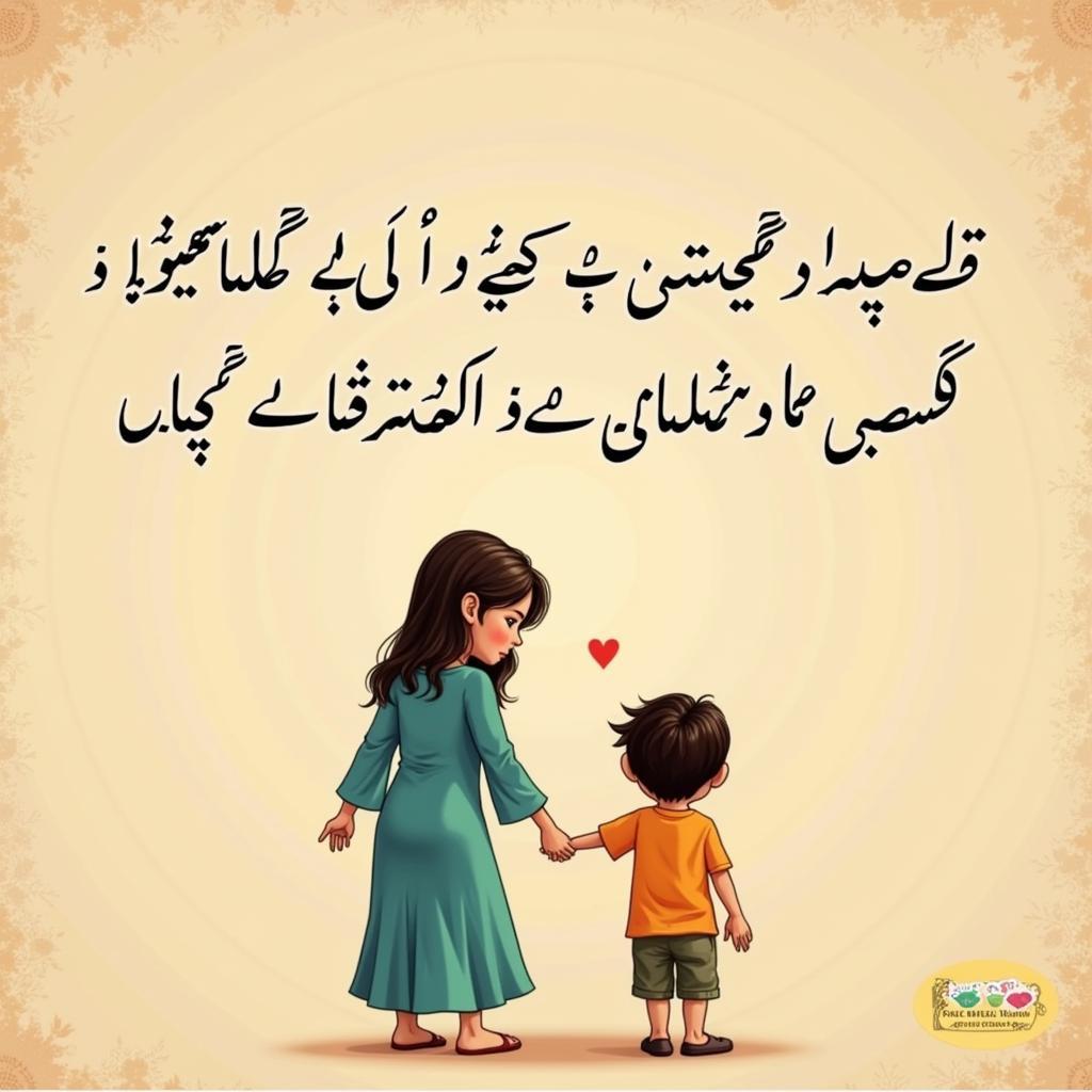 A mother and son holding hands with a background of Urdu calligraphy representing shayari