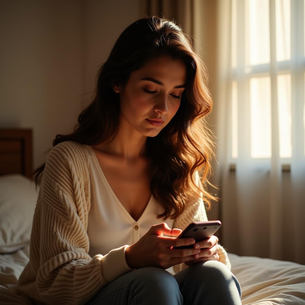 A young woman searching for motivational quotes on her phone