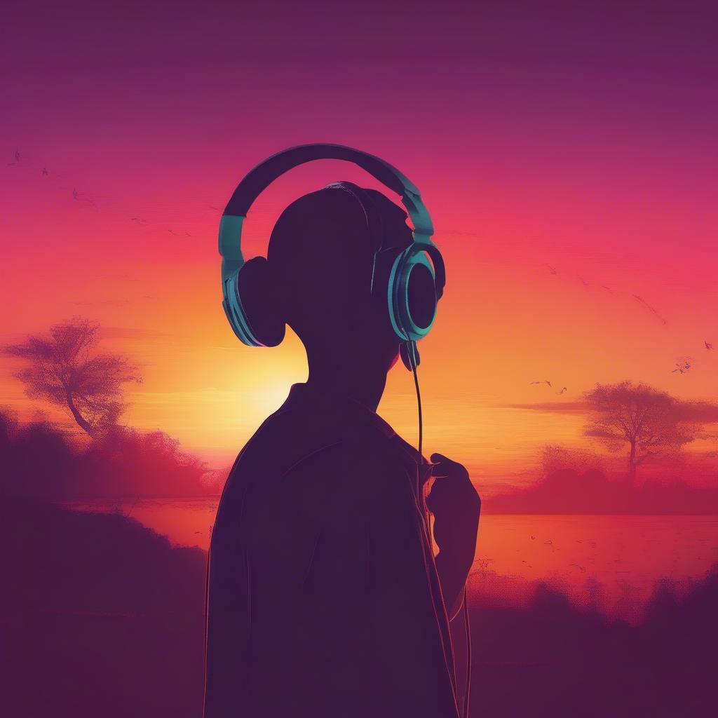 Emotional Connection through Music: A person listening to music through headphones during sunset.