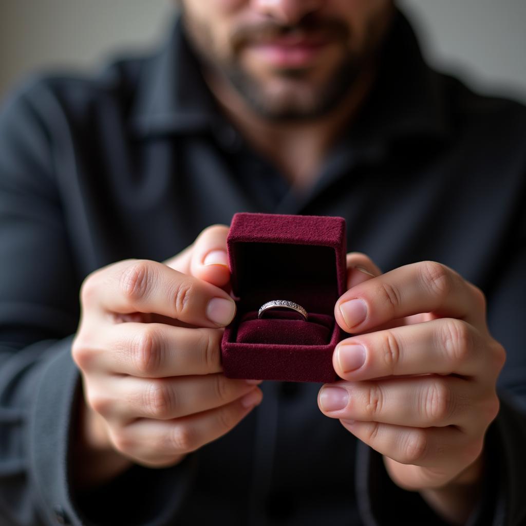 Nervous man holding an engagement ring