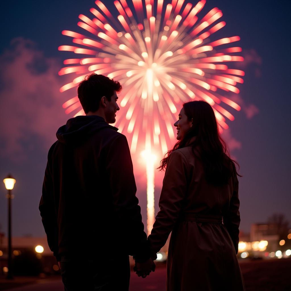 A couple holding hands and looking at fireworks on New Year's Eve