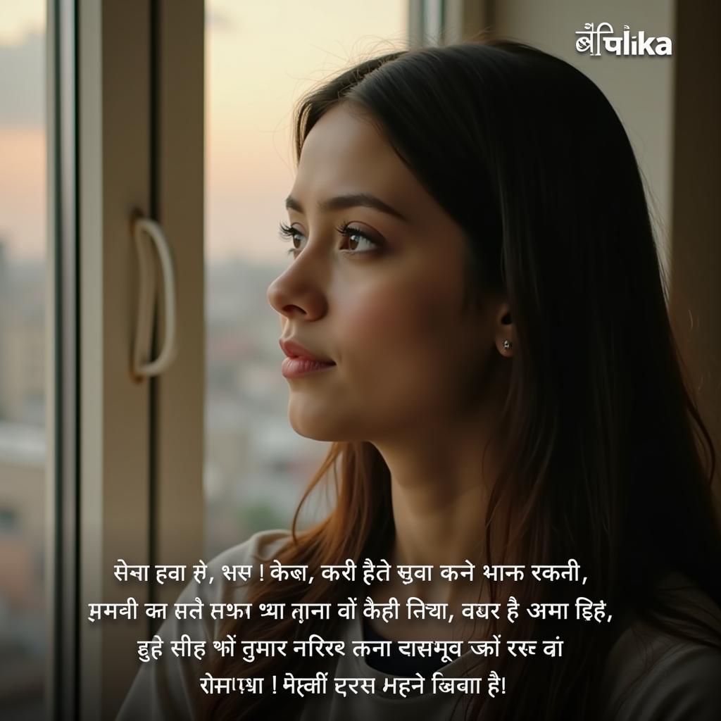 Pensive Woman Reflecting on Life with a Hindi Shayari