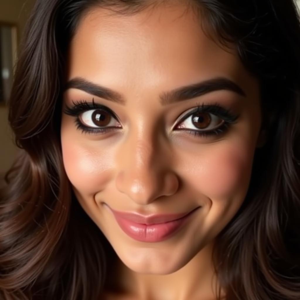 Woman with a playful expression and kajal-rimmed eyes smiling.