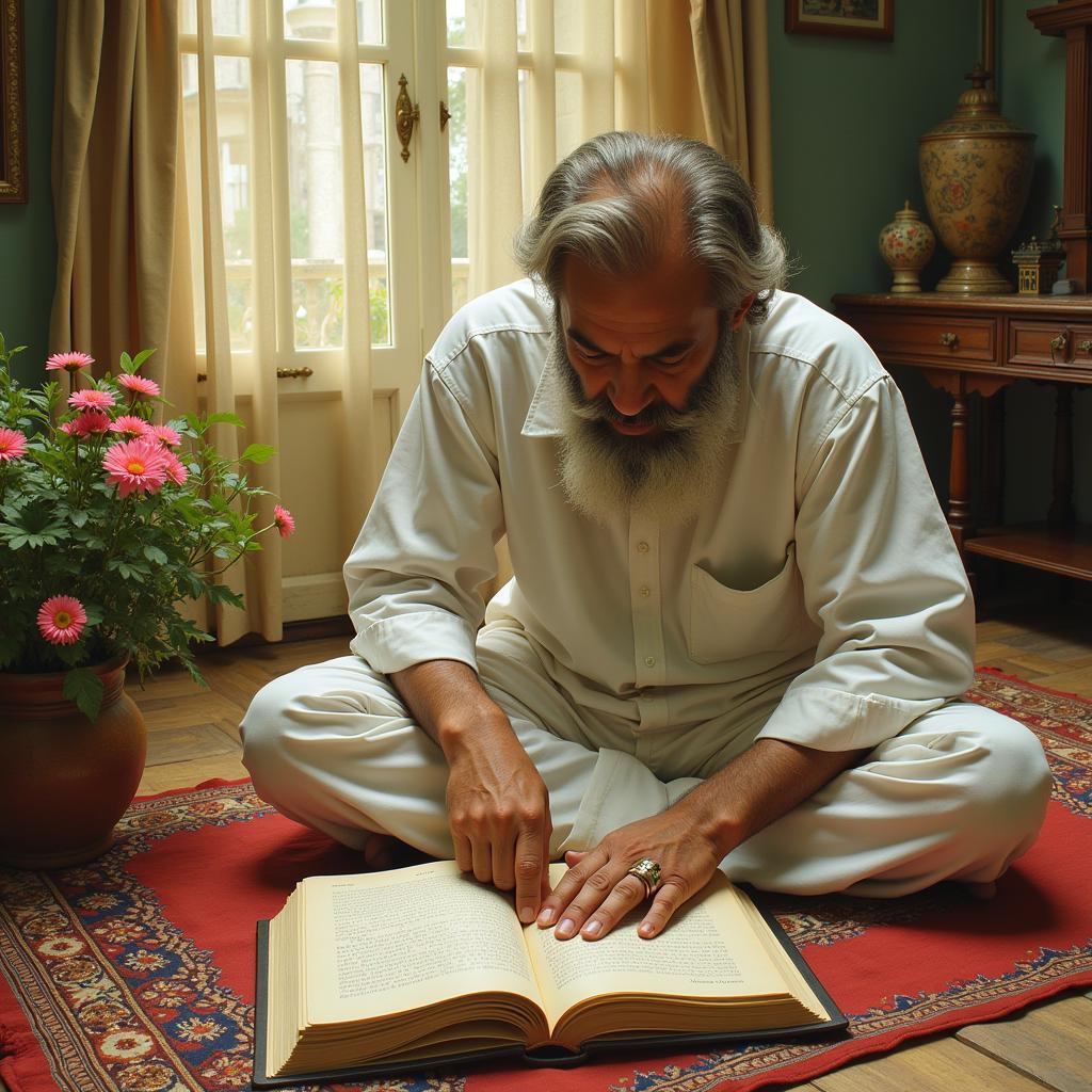 Open book with handwritten poetry, soft lighting, and a cup of tea beside it.