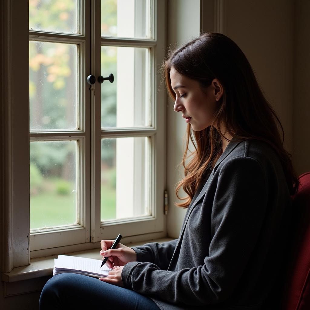 Poetry within Imperfection: A person holding a pen and paper, looking thoughtfully out a window.