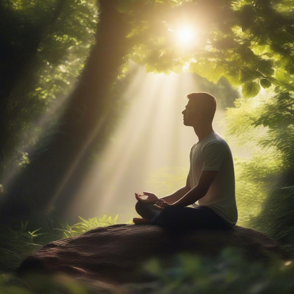 A person meditating peacefully in a serene natural setting, surrounded by lush greenery.