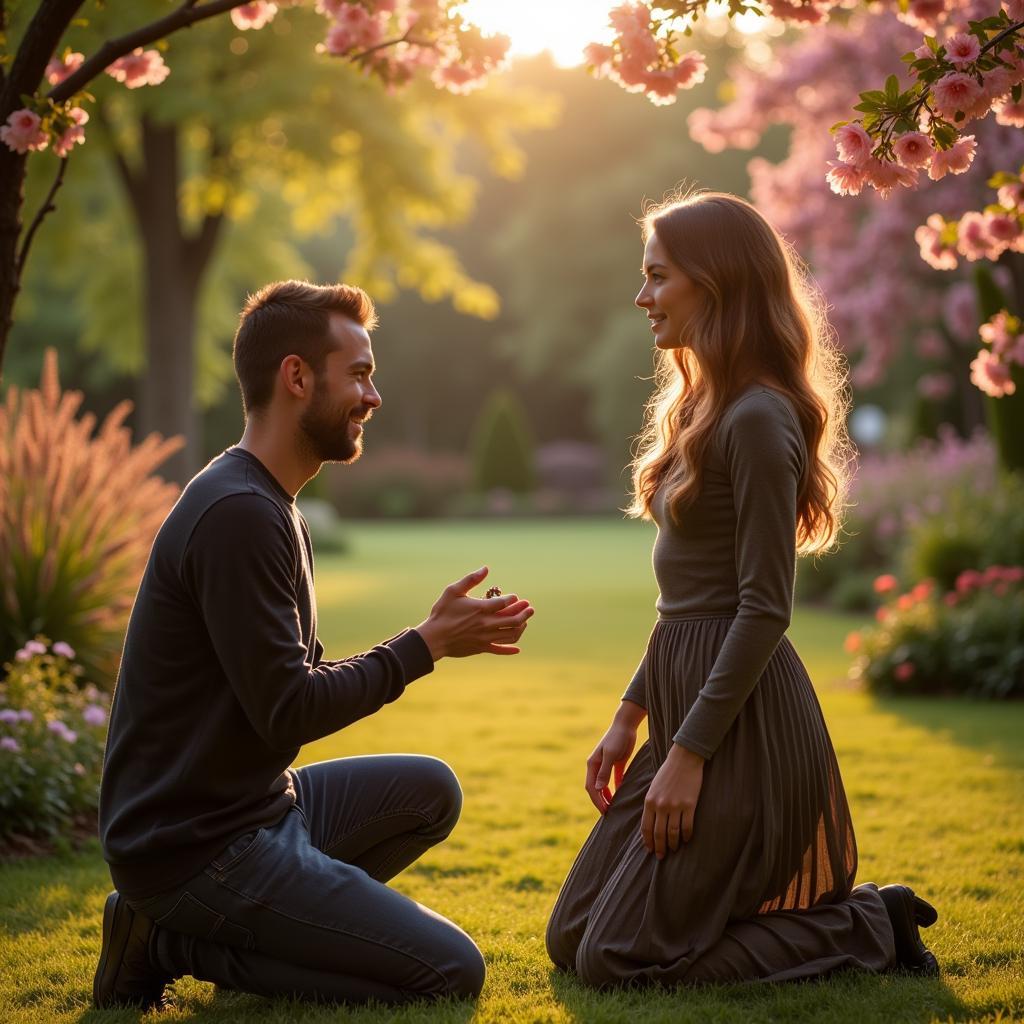 A man kneeling down and proposing to his girlfriend with a ring in a beautiful garden setting