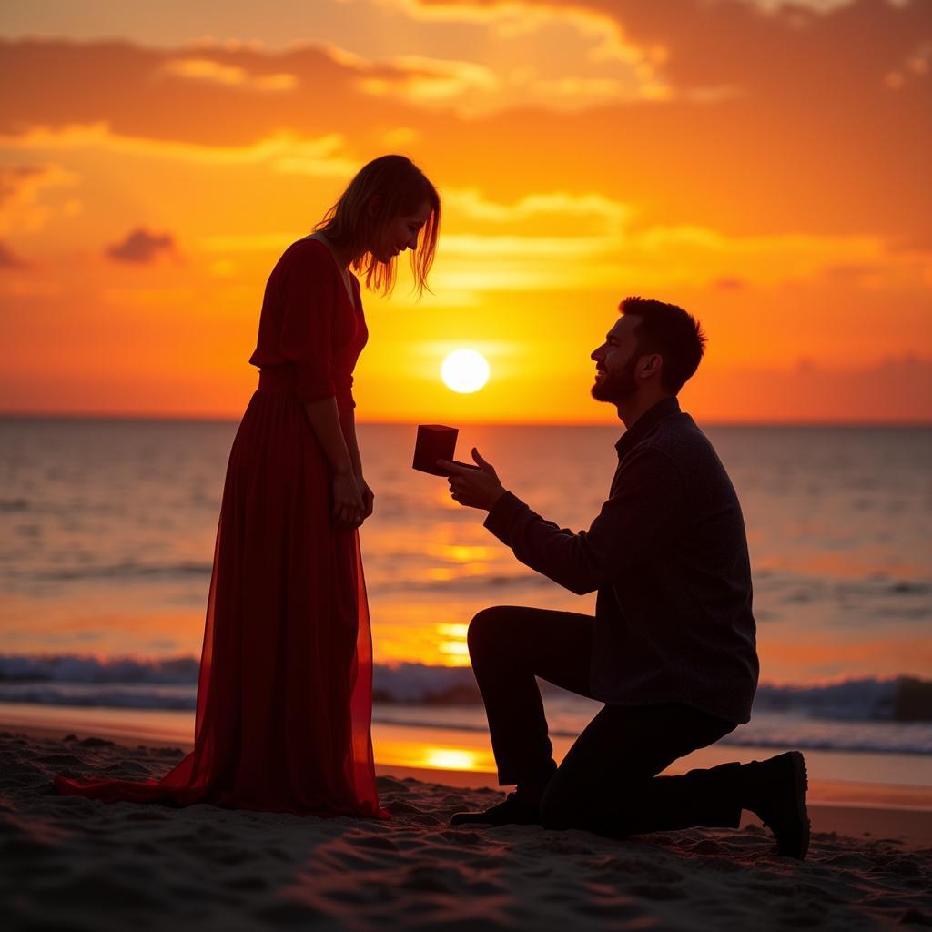 Couple proposing on a beach at sunset