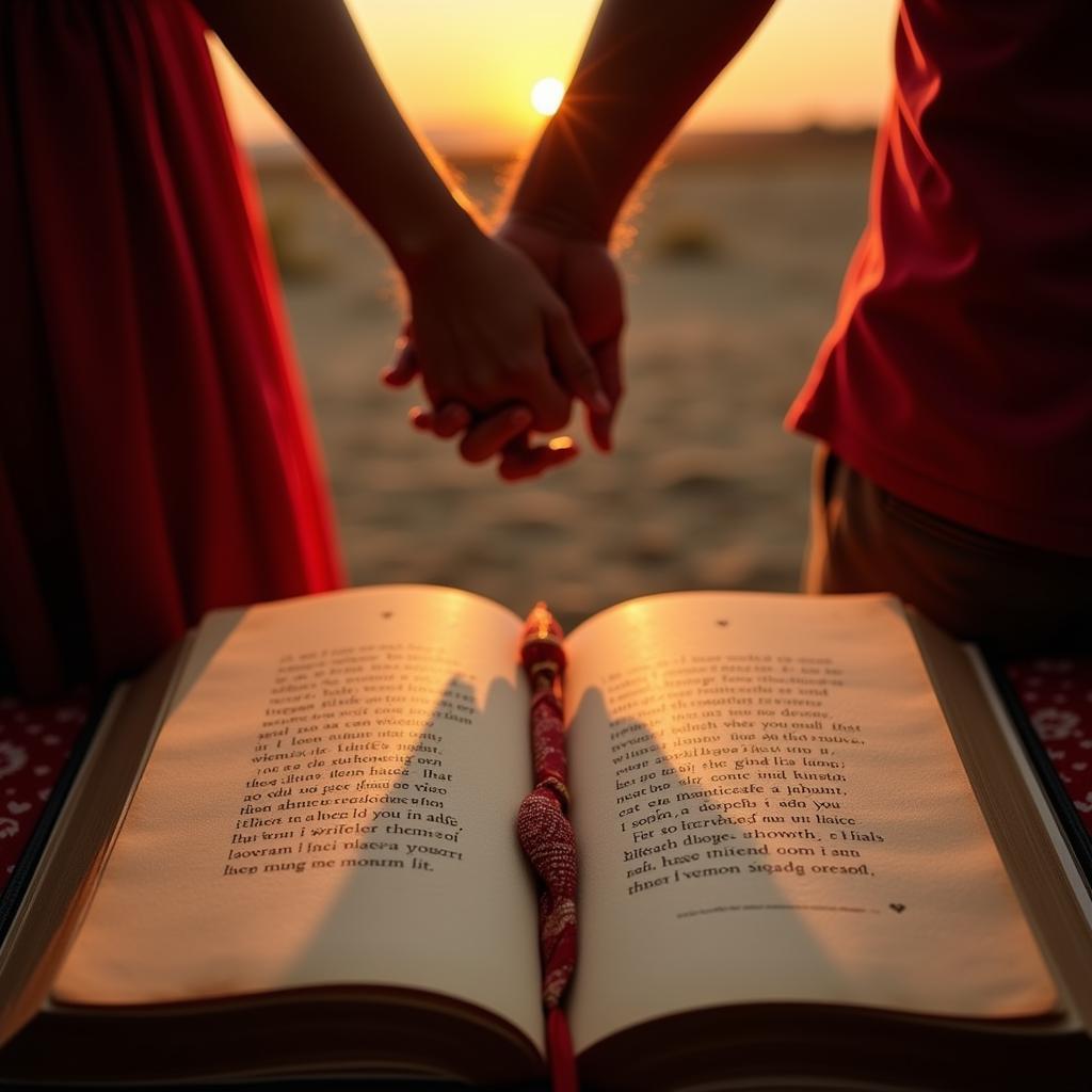 A couple holding hands, with a book of shayari open in the foreground