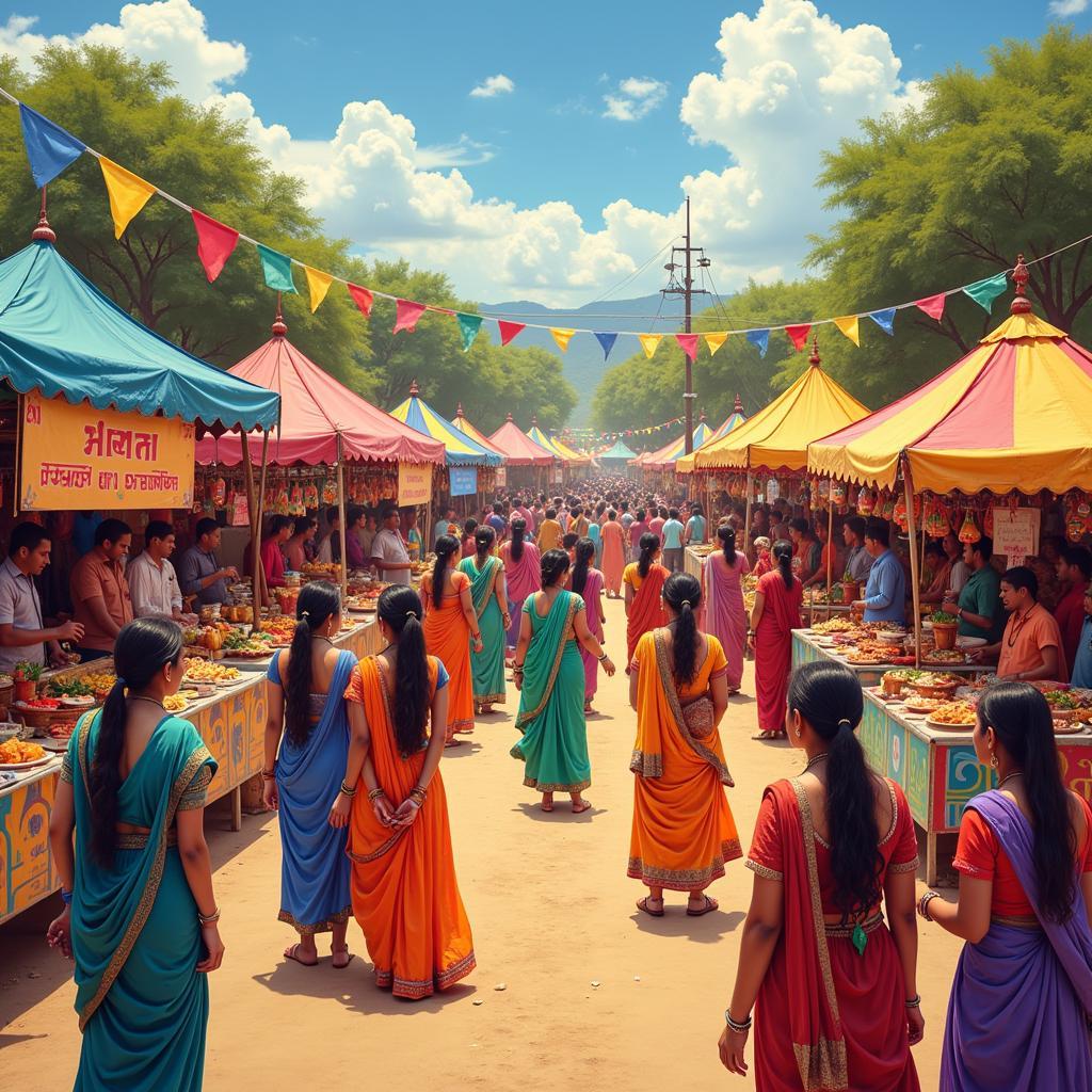 A colorful and vibrant Indian fair with people celebrating, representing the joyful and diverse aspects of love, as described in the lyrics.