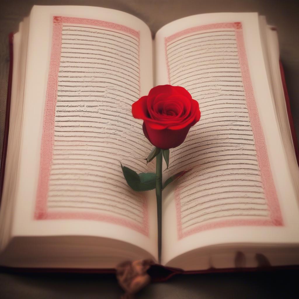 An open book of Urdu poetry bathed in warm, soft light.  The pages are filled with elegant calligraphy, and a single red rose rests on top, symbolizing the romantic nature of the poetry.