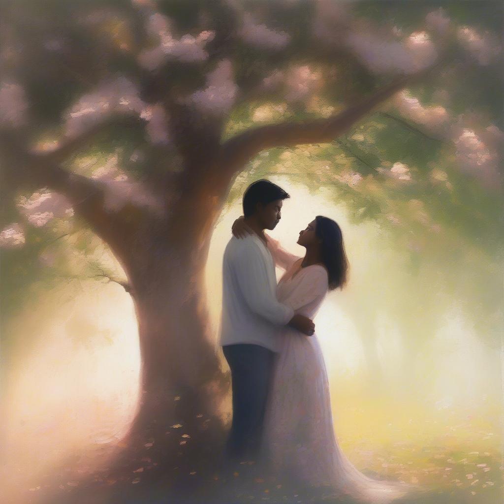 Couple embracing under a tree, symbolizing the deep connection expressed in pyar poetry.