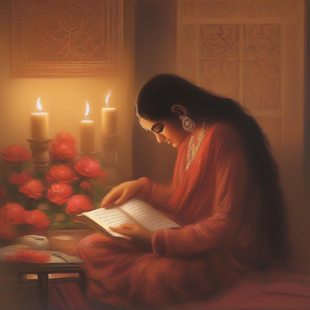 A person engrossed in reading a book of ghazals, surrounded by candles and flowers.